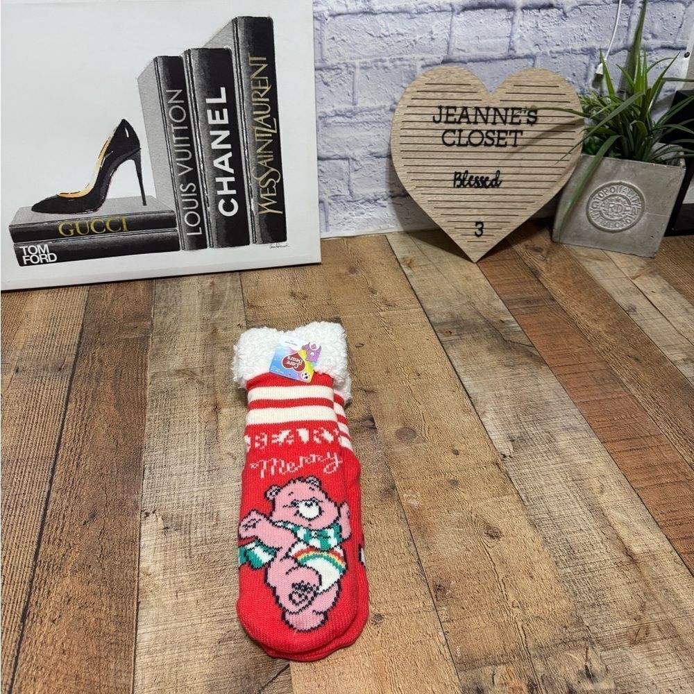 Care Bears Beary Merry Slipper Socks Long Fuzzy Soft Shoe Size 4-10 Pinkish Red
